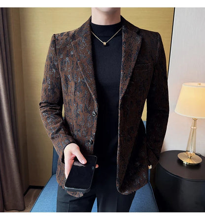 High Quality Plush Jacquard fashion Suit Jacket  Korean Version Slim Fit Business Retro Casual Social Wedding Suit Blazer 5XL-M