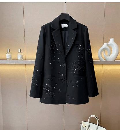 Women's Rhinestone Blazer Long Sleeve Suit Jacket Designer Loose Fit Office Casual Sparkly Blazer Fashion Outerwear Coat