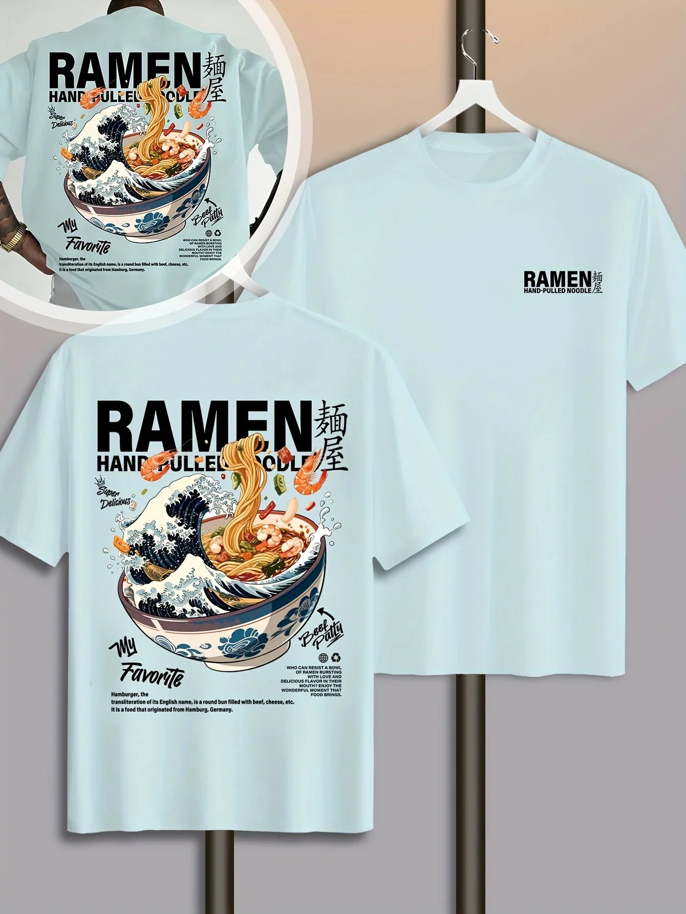 Men New Summer Casual Street Style T-shirt Japanese Waves Ramen Pattern Suitable for Daily Wear 100% Pure Cotton Soft Material