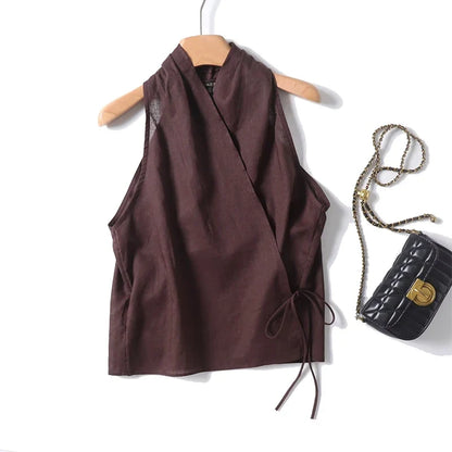 Summer Cross V Neck Women Sleeveless Tank Top Versatile Fashion Ladies Casual Coffee Crop Top