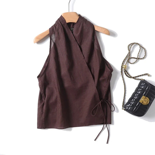 Summer Cross V Neck Women Sleeveless Tank Top Versatile Fashion Ladies Casual Coffee Crop Top