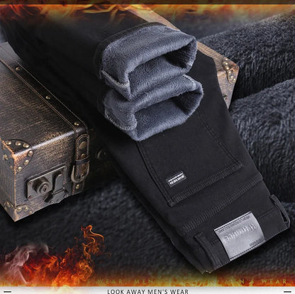 Winter Men Black Straight Stretch Denim Thick Velvet Pants Warm Jeans Casual Fleece Line Trousers Male Plus Size