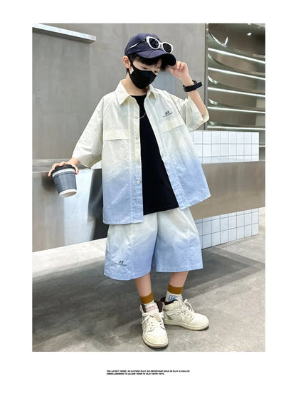 Fashion Kids Clothing Set Shirt Shorts Summer Suit for Teenage Boy Loose Casual Gradient Color Clothes Set Child Luxury Outfit