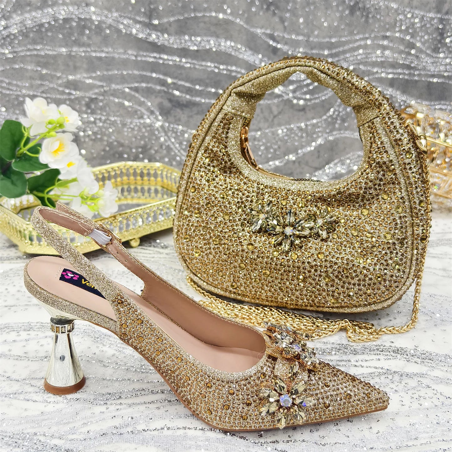 Olive-Green Pointed-Toe Women's High Heels Shoes and Bags for Party Rhinestone Evening Elegant Luxury Handbag