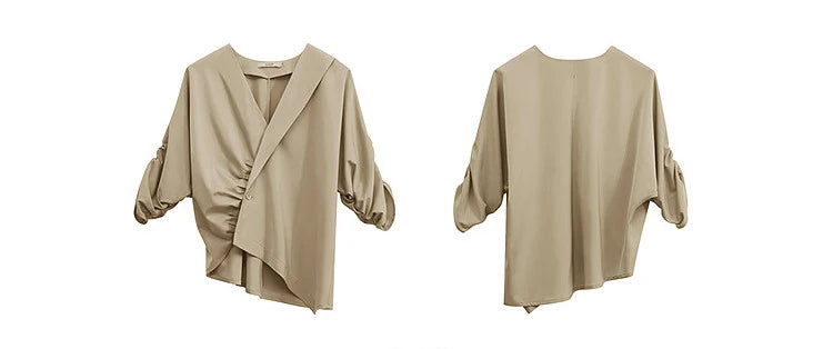 Women's Blouse 2026 Summer New V-Neck Asymmetric Pleated Mid Sleeve Shirt Relaxed Fit Office Casual Top For Women 12622117