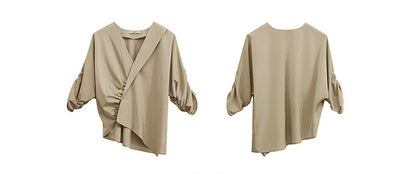 Women's Blouse 2026 Summer New V-Neck Asymmetric Pleated Mid Sleeve Shirt Relaxed Fit Office Casual Top For Women 12622117