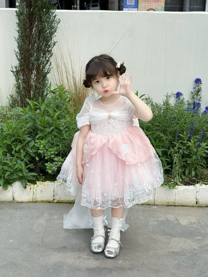 Sweet Baby Girls Princess Lolita Dress Kids 2026 New Summer Fashion Sequined Tulle Embroidery Puff Sleeve Performance Tutu Dress