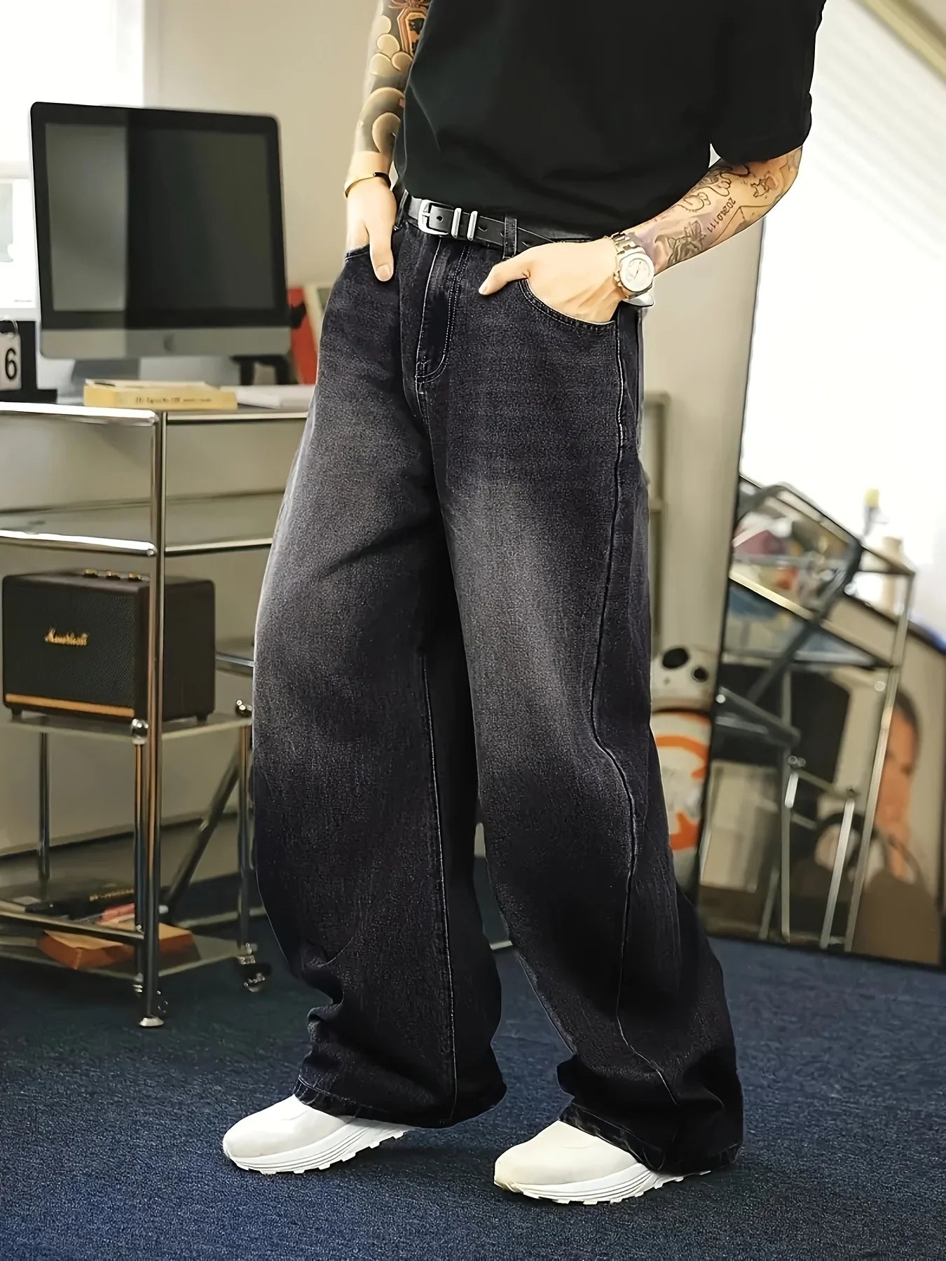 1Pc Men's Daily Travel Casual American Street Loose Jeans, Black, Light Blue, Sea Blue Fashion Street Style Retro Lantern Jeans  Denim Pants