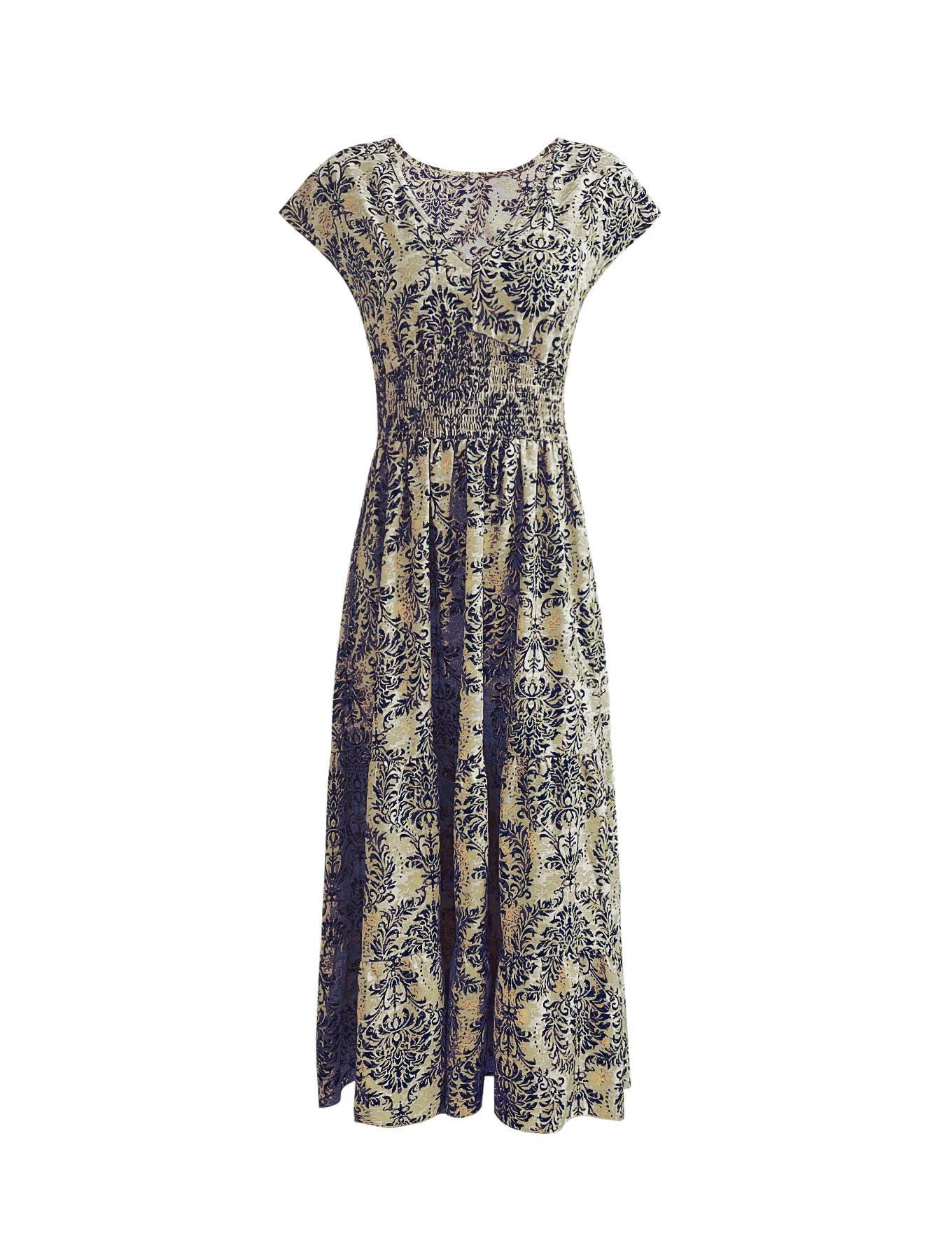 2026 Vintage Printed Dress Fashionable and Elegant V-Neck Short-Sleeved Jumpsuit Long Skirt Women's Clothing