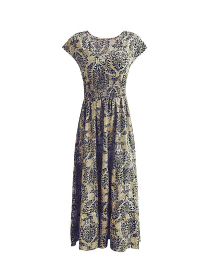 2026 Vintage Printed Dress Fashionable and Elegant V-Neck Short-Sleeved Jumpsuit Long Skirt Women's Clothing