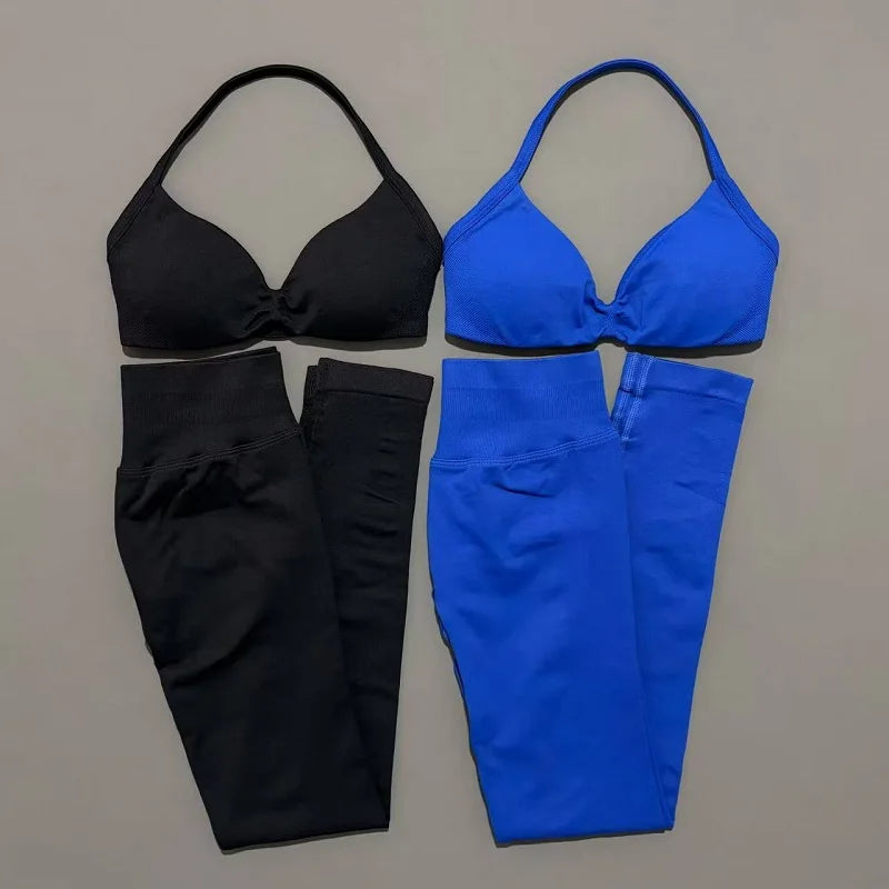 2 Piece Sports Set Women Yoga Backless Halter Bra High Waist Scrunch Seamless Pants Sport Suit Gym Sportswear Workout Set