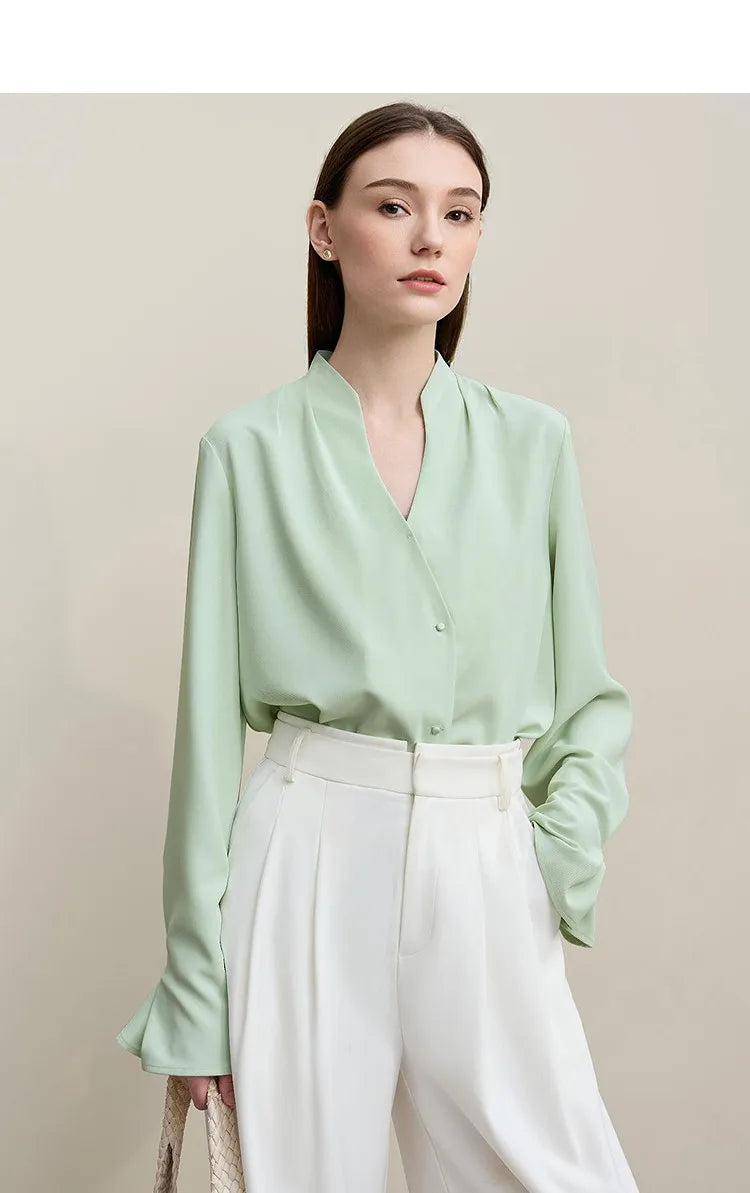 Elegant Women's Blouse 2026 Autumn New V-Neck Pleated Flared Sleeve Chiffon Shirt Women's Loose Long Sleeve Top 12641070