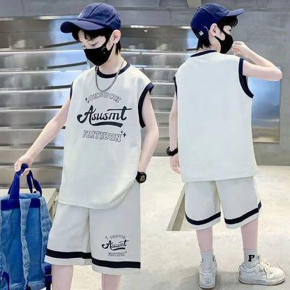 Summer Boys Quick-dry Alphabet Sleeveless Tee Top+Shorts Sportswear Set School Kids 2PCS Tracksuit Children Jersey Outfit 5-16Yr