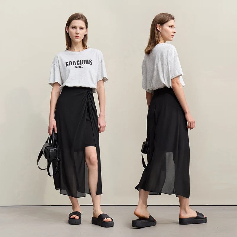 Women's Skirt 2026 Summer Elegant Chiffon Midi Skirt Pleated Side Slit Office Casual Versatile Women's Clothing 12612002