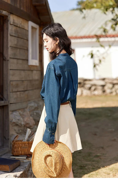100 Cotton Denim Shirt French Retro Long Sleeved Shirt for Women 2025 Spring Loose Fit O Neck Casual Shirt Top MXE12C0384