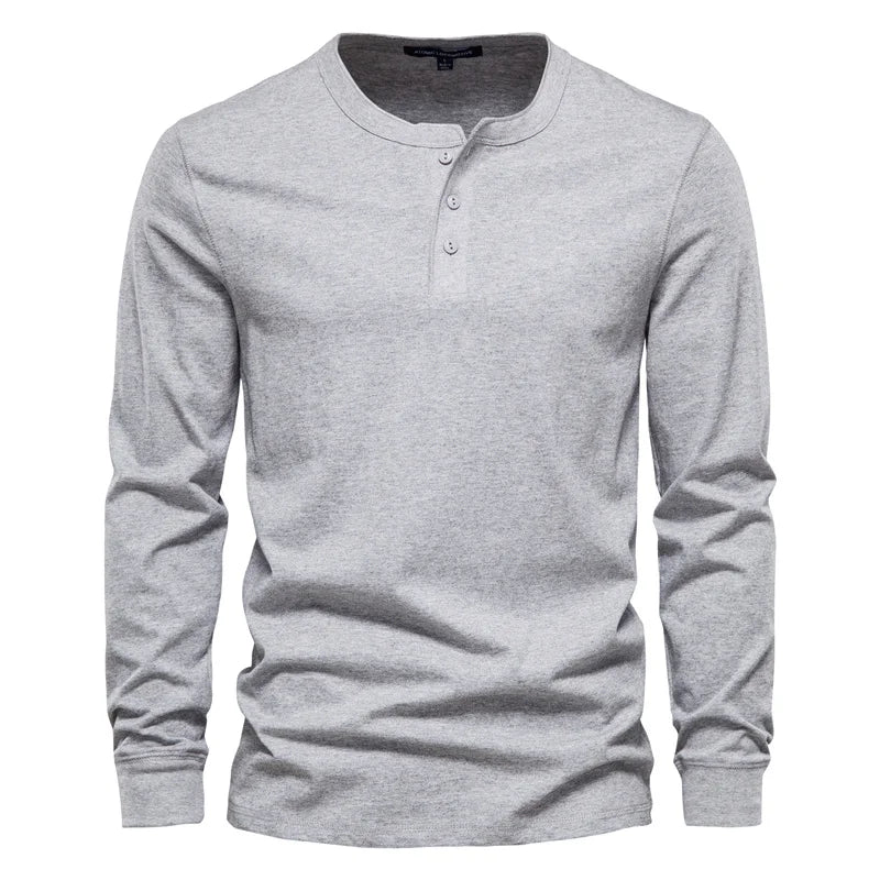 Men's Long Sleeve Button Down T-Shirts Autumn Henley Collar Casual High Quality 100% Cotton Crew Neck Mens T Shirts