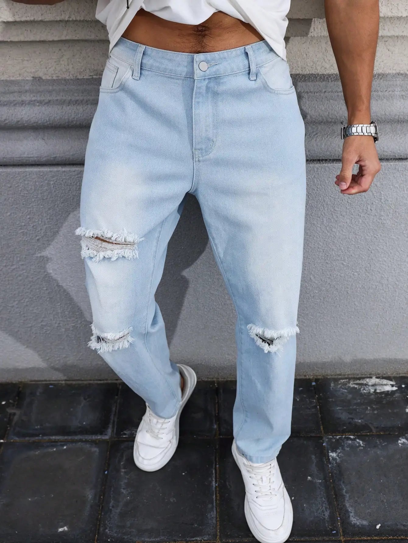 Men's Light Blue Ripped Jeans for Spring and Autumn. Casual Denim Trousers. Street Ripped Daily Casual