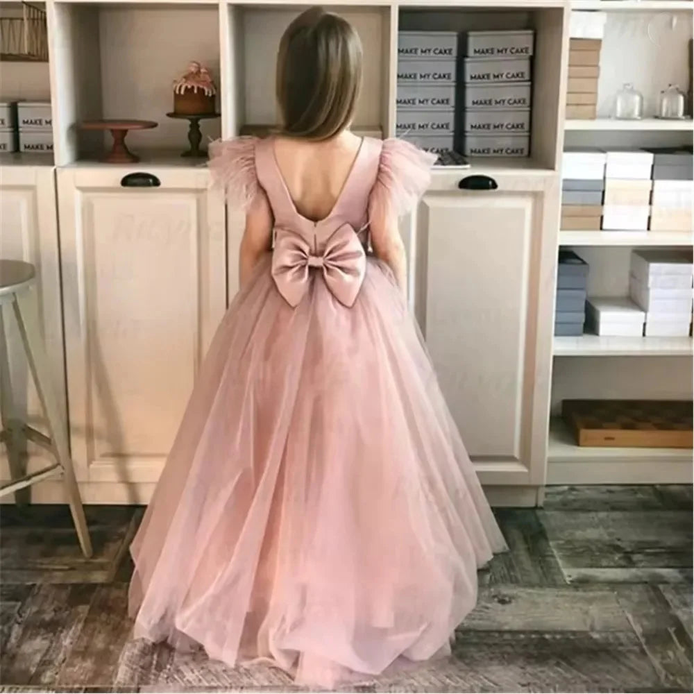 Customized Flower Girl Dress for Wedding Glitter High Waist Short Sleeve Floor Length Elegant Kids Birthday First Communion Gown