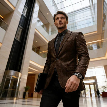 Men's Luxury Crocodile Pattern Leather Blazer Slim Fit Two Button Notch Lapel Suit Jacket Business Casual Wedding Tuxedo Dress