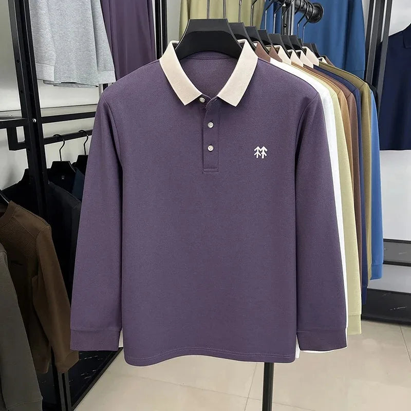 Fashion luxury brand long sleeve polo shirt men's autumn new trend badge embossed design Korean casual silk cotton lapel T-shirt