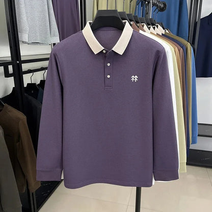 Fashion luxury brand long sleeve polo shirt men's autumn new trend badge embossed design Korean casual silk cotton lapel T-shirt