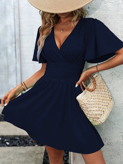 2025 New Summer Deep V-Neck Smocked Ruffled Sleeves Bodycon Dress Women French Retro Style Solid Color Short Long Midi Maxi Dres