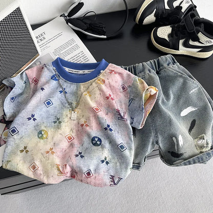 New Summer Suits for Baby Clothing Kids Various Graphic Prints Tshirt + Ripped Jeans 2pcs/sets Toddler Boy Fashion Clothing