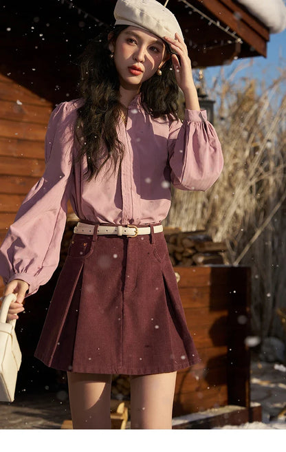 French Autumn Winter Button Up Lantern Long Sleeve Shirts Women Ruffle Neck Thick Warm Blouse Flannel Shirt MXC56X1320