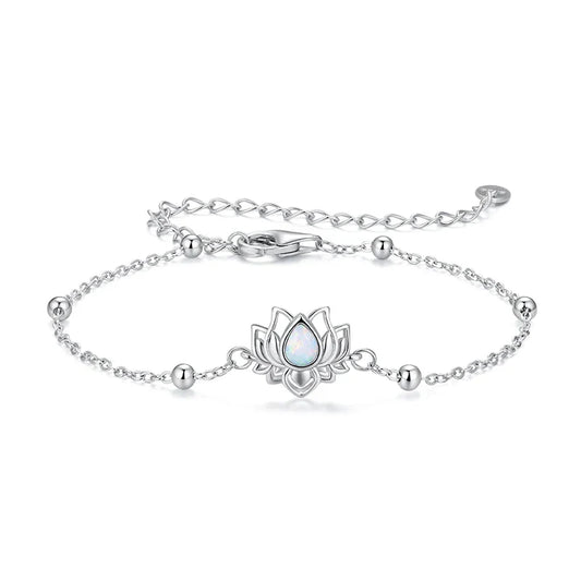 Bracelet chaîne en opale de lotus en argent sterling 925, perles rondes, chaîne maillons réglable pour femmes adolescentes, décor de poignet fleur vintage
