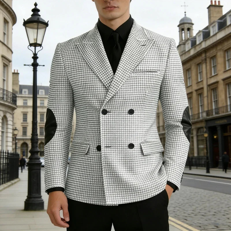 Men's Vintage Houndstooth Blazer Notch Lapel Leather Elbow Patches Slim Fit Jacket Business Casual Sport Coat For Spring Autumn