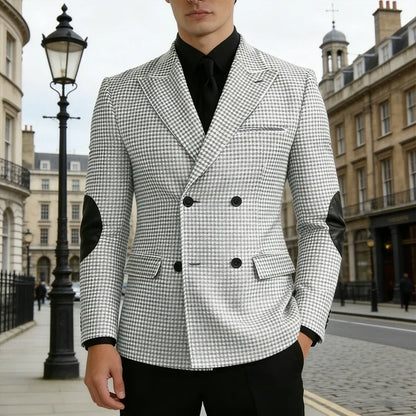 Men's Vintage Houndstooth Blazer Notch Lapel Leather Elbow Patches Slim Fit Jacket Business Casual Sport Coat For Spring Autumn