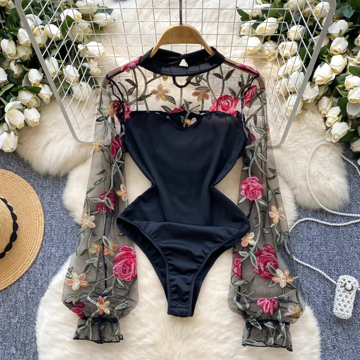 Vintage Embroidery Gauze Sexy Bodysuits Stand Collar Long Sleeve Playsuits Fashion Spliced Women Open crotch Rompers