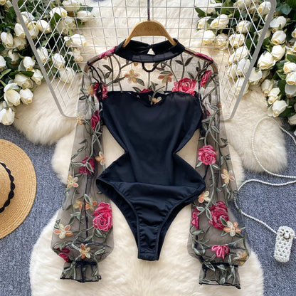 Vintage Embroidery Gauze Sexy Bodysuits Stand Collar Long Sleeve Playsuits Fashion Spliced Women Open crotch Rompers