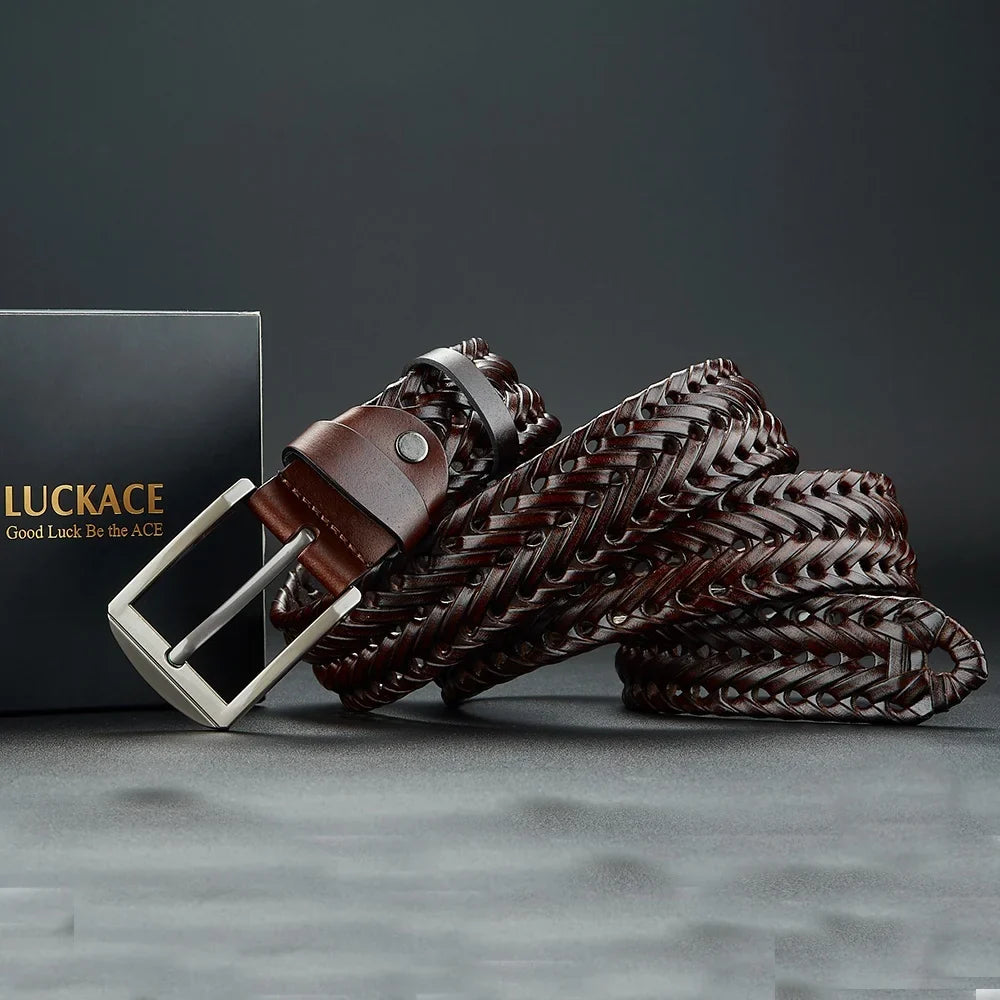 Genuine Leather Cowhide Casual Men's Belt, Trendy Knitted Belt With Alloy Buckle, Gift For Boyfriend/Husband/Father