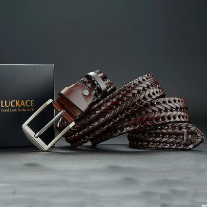 Genuine Leather Cowhide Casual Men's Belt, Trendy Knitted Belt With Alloy Buckle, Gift For Boyfriend/Husband/Father
