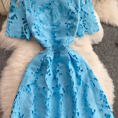 Ele Summer Lace round Ne Dr Women's High Waist Slimming Long Skirt Korean Sle Commute High Softn Regular Sve