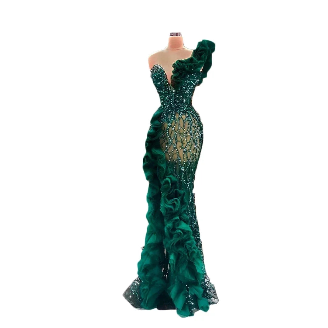 Luxury Beaded Appliques Mermaid Evening Dresses Elegant Side Split Ruffles Tulle Prom Dress Glitter Sequins Formal Gowns