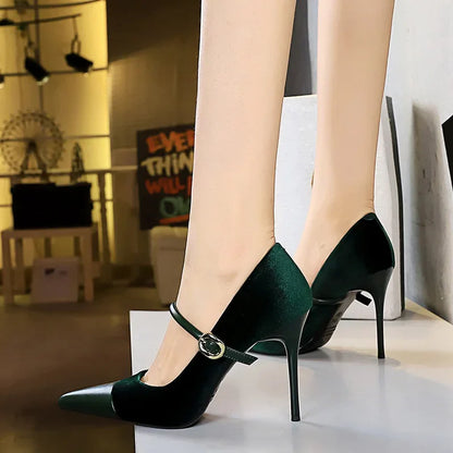 Korean Version Party 10cm 7cm High Heels Women Shoes Thin Heels Velvet Shallow Montage Pointed Toe Metal One-line Buckle Pumps