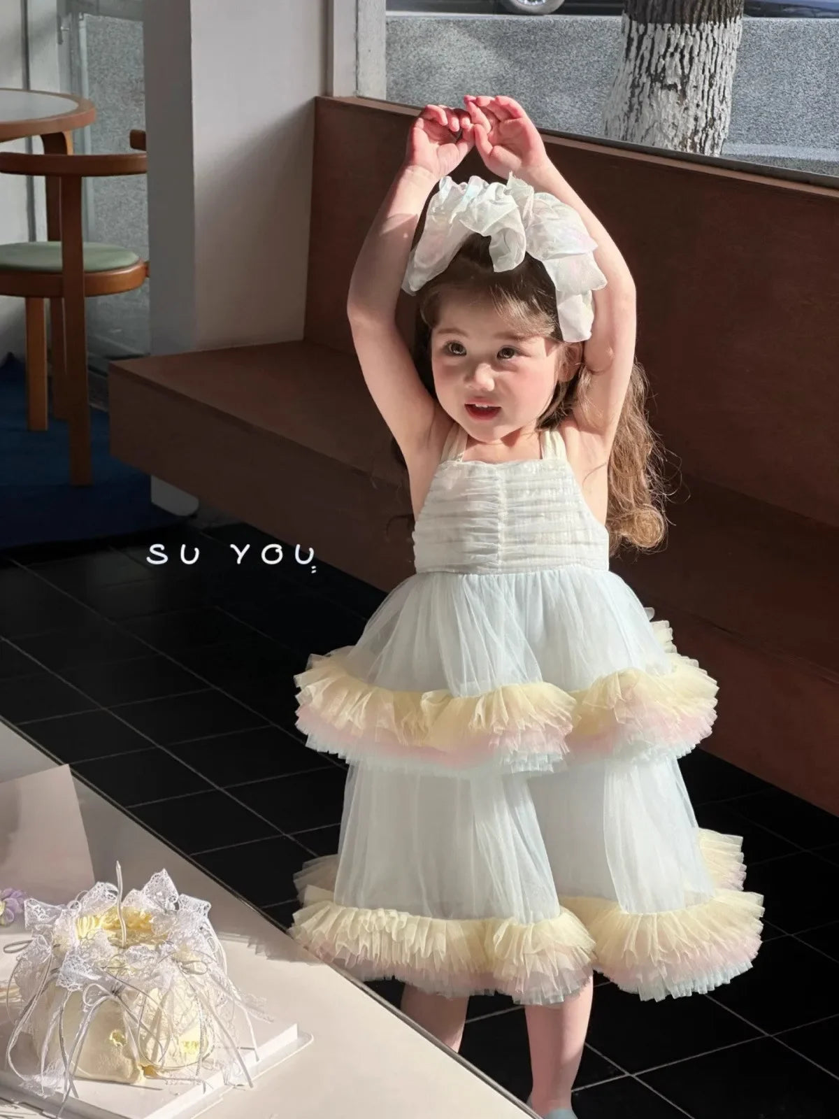 Sweet Baby Girls Elegant Rainbow Gradient Tutu Princess Cake Sundress Kids Tulle Ruffle Trim Puffy Birthday Party Casual Gown