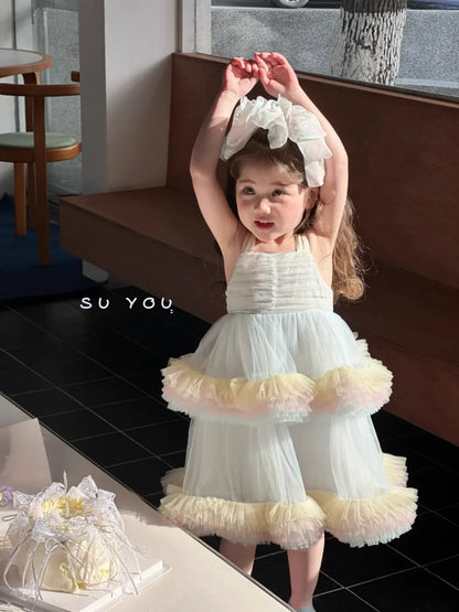 Sweet Baby Girls Elegant Rainbow Gradient Tutu Princess Cake Sundress Kids Tulle Ruffle Trim Puffy Birthday Party Casual Gown