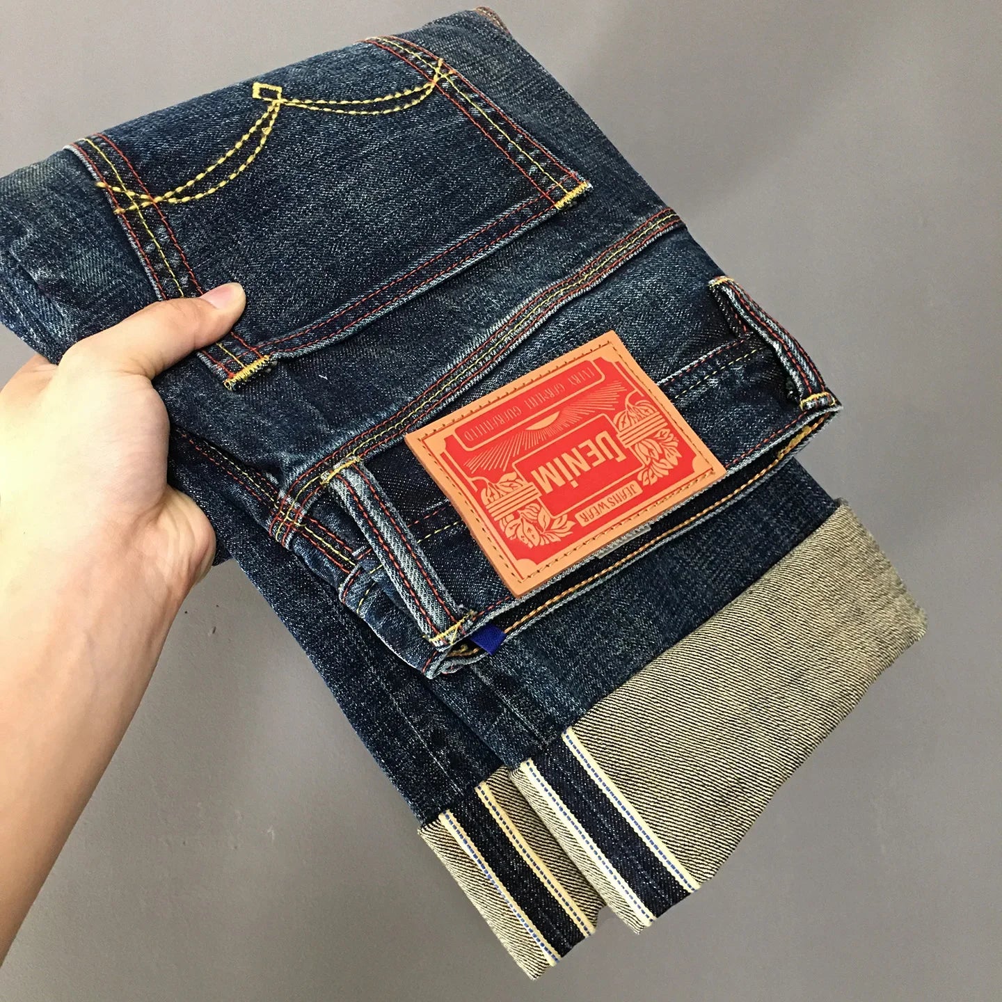 High Quality 100% Cotton Washed Yellow Selvedge Denim Jeans for Men American Vintage Casual Spring Autumn Loose Straight Pants