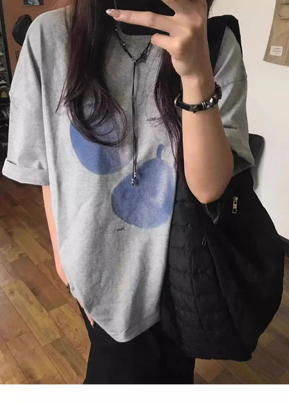 Blue Fruit Printed T-shirt for Men and Women Pure Cotton Retro Summer Fashion Trend Comfy Couple Short Sleeved Top Harajuku