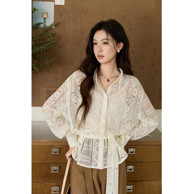 Women's Hollow-out Lace Shirt Camisole Set 2026 Spring Lapel Drawstring Waist Sheer Casual Two-Piece Knitwear MXF108C0816