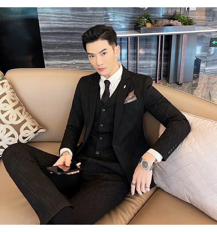 ( Blazer + Vest + Pants ) High-end Formal Casual Business Striped Fashion Men's 3 Piece Suit Groom Wedding Dress Suit