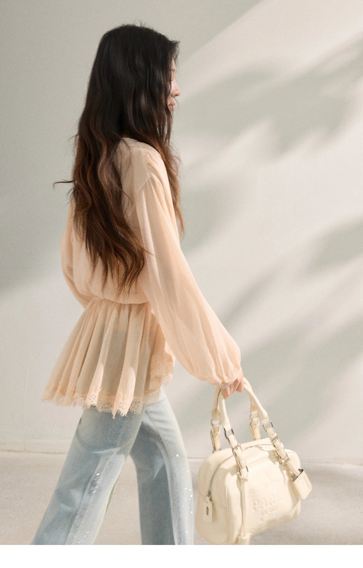Women's French Style Beige Sheer Chiffon Blouse V Neck Lace Trim Elastic Waist Peplum Top For Spring Summer MXF16T1588