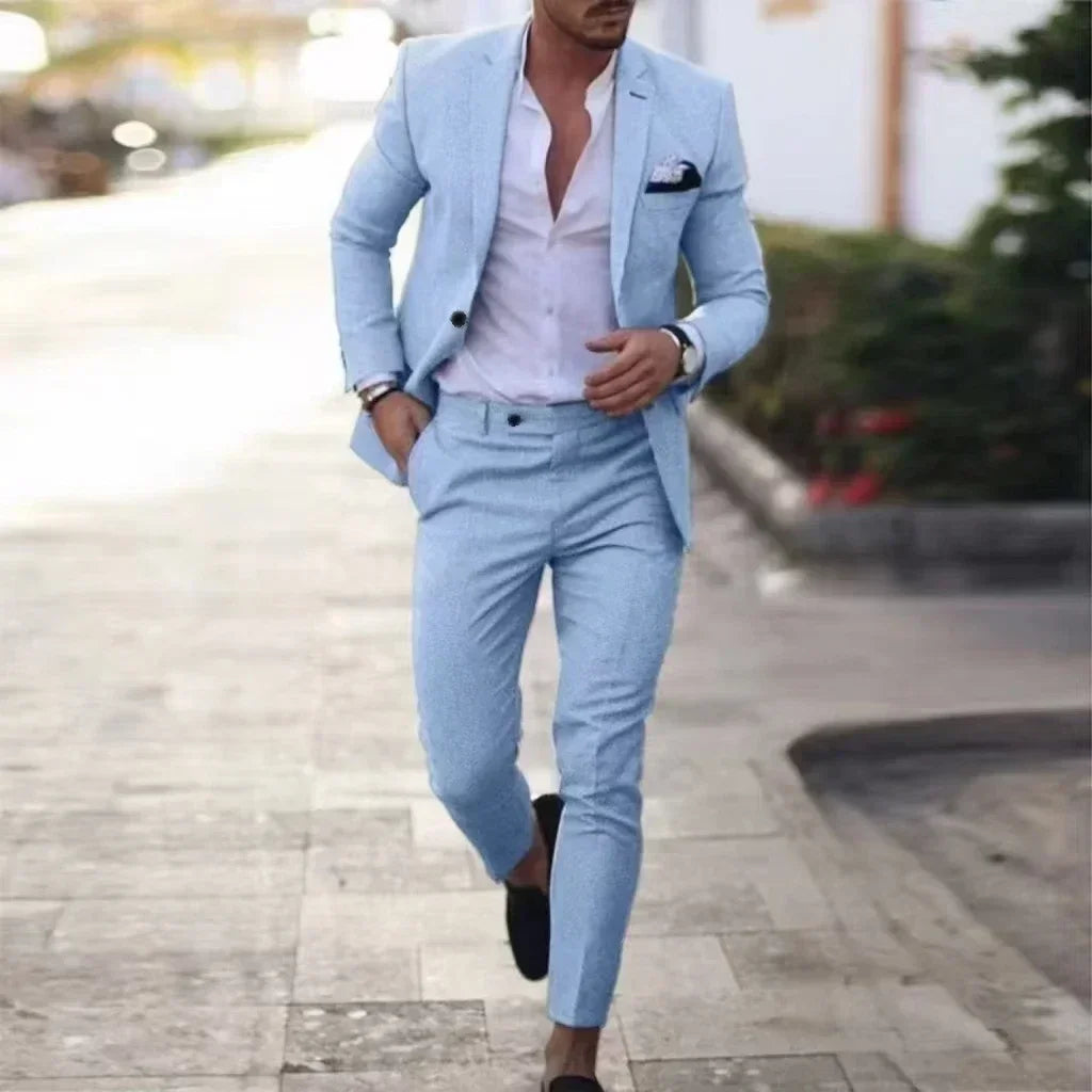 Casual Linen Tuxedo Suits for Men 2 Pieces Blazer and Pants Set Notched Lapel Men's Suit for Wedding Summer Beach Prom Party