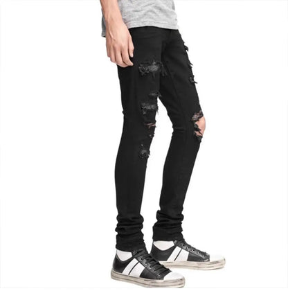 Korean Fashion Jeans Men's Black Ruffian Handsome Trendy Brand Hot Diamond Ripped Beggar Slim Spring Autumn Elastic Casual Pants