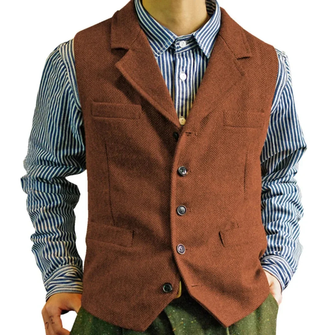 Men Vest Brown Single Button With Lapel Solid Waistcoat For Wedding Banquet Business Office Work Casual Daily Men Suit Vest