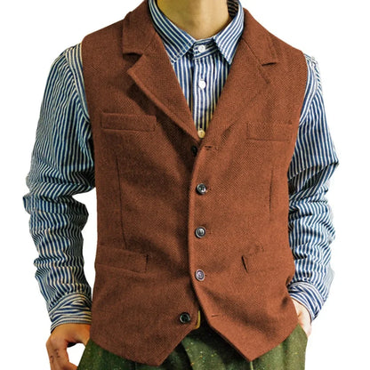 Men Vest Brown Single Button With Lapel Solid Waistcoat For Wedding Banquet Business Office Work Casual Daily Men Suit Vest