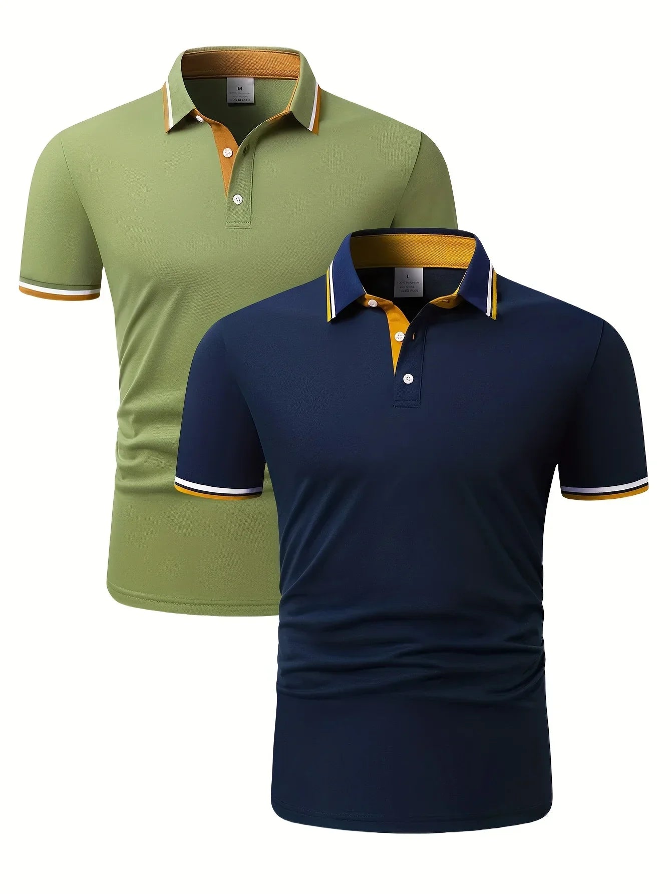 2pcs Men's Short-Sleeve Shirts with Contrast Collars - Lightweight Polyester, Pastel Blue & Pink, Turn- Collar, Button Closure,